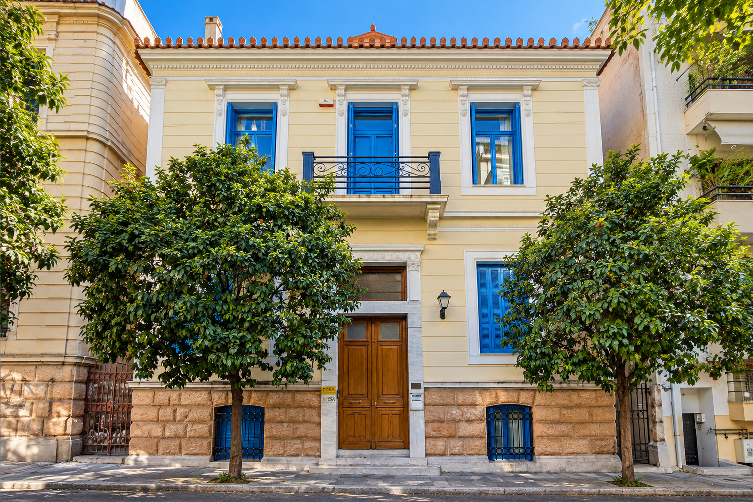 The NIA building at Makri 11 seen from the street, its door and sign readable