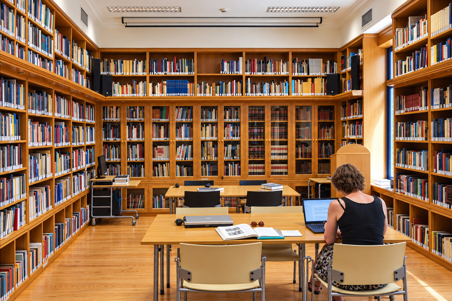The NIA library reading room, a researcher at work among the shelves